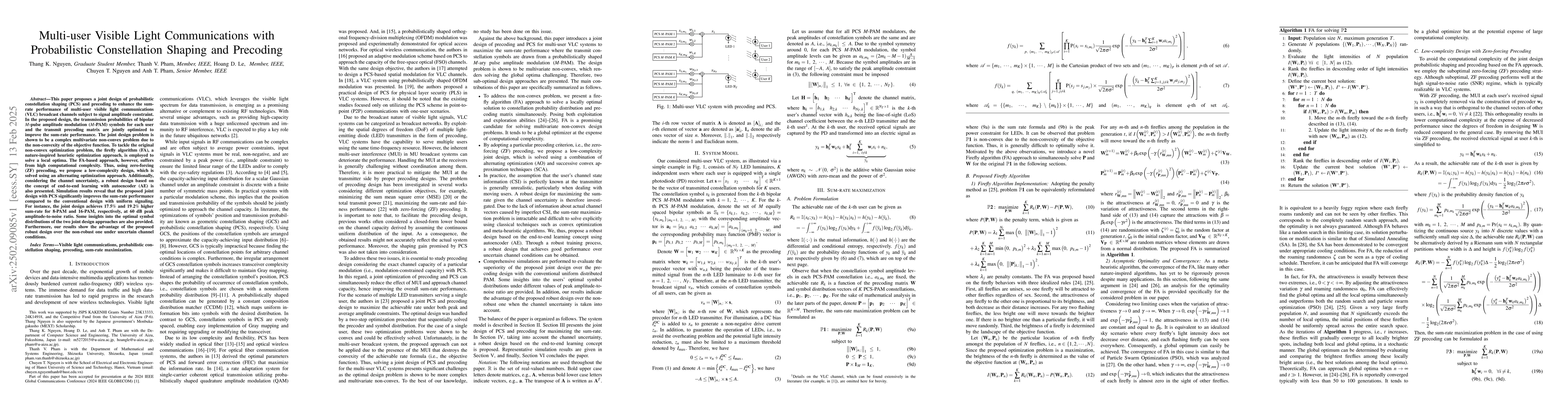 Thumbnail for Multi-user Visible Light Communications with Probabilistic Constellation
  Shaping and Precoding