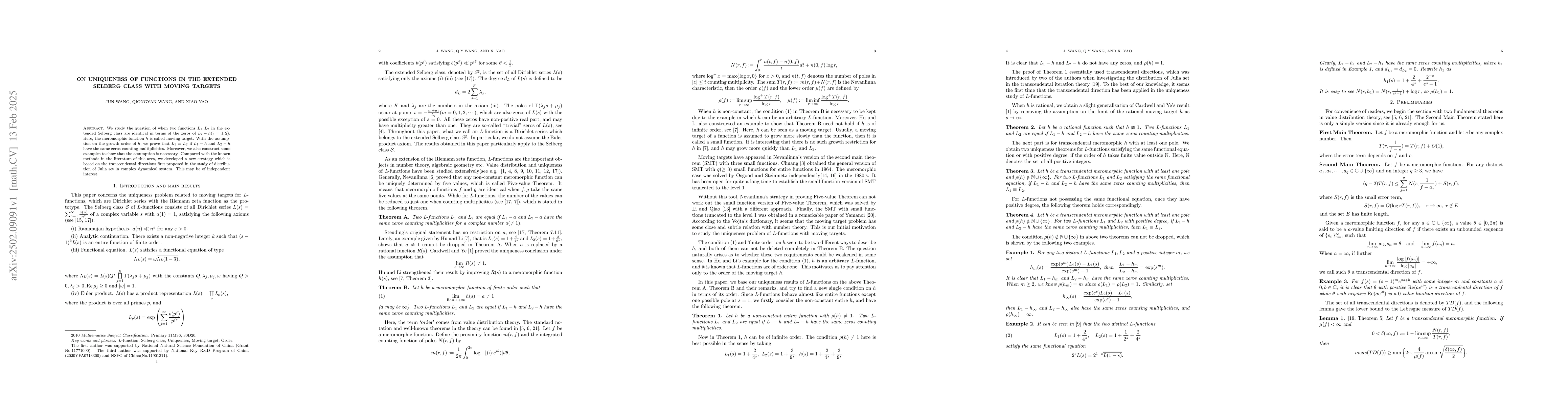 Thumbnail for On uniqueness of functions in the extended Selberg class with moving
  targets