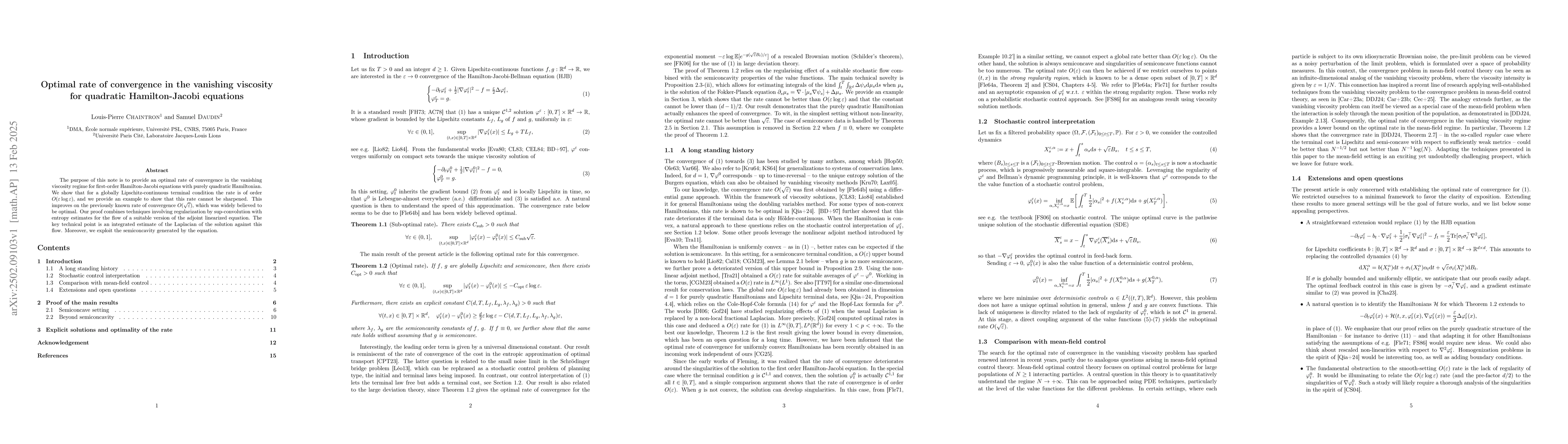 Thumbnail for Optimal rate of convergence in the vanishing viscosity for quadratic
  Hamilton-Jacobi equations