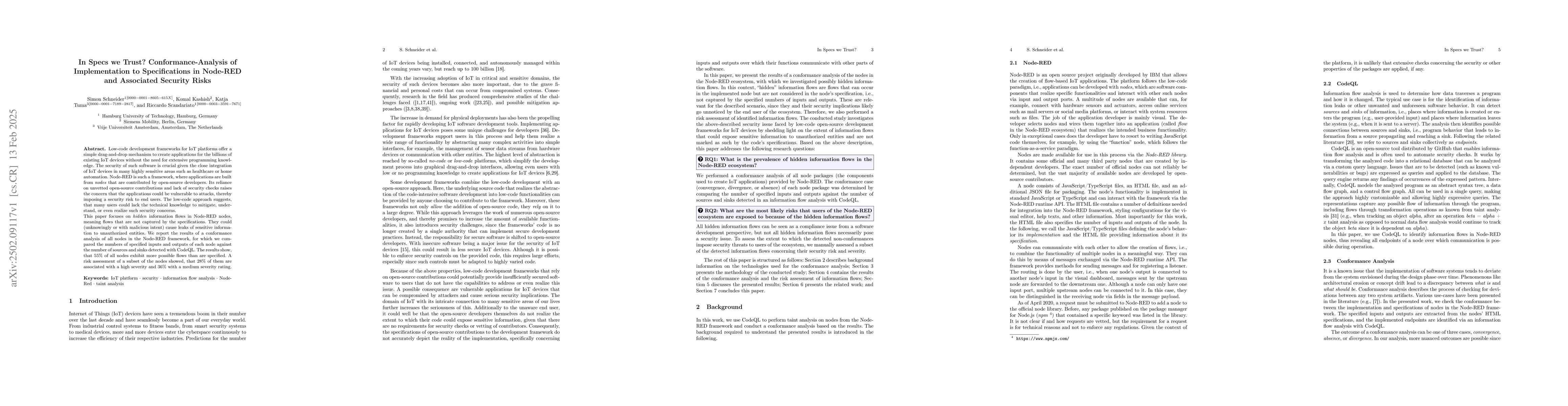 Thumbnail for In Specs we Trust? Conformance-Analysis of Implementation to
  Specifications in Node-RED and Associated Security Risks