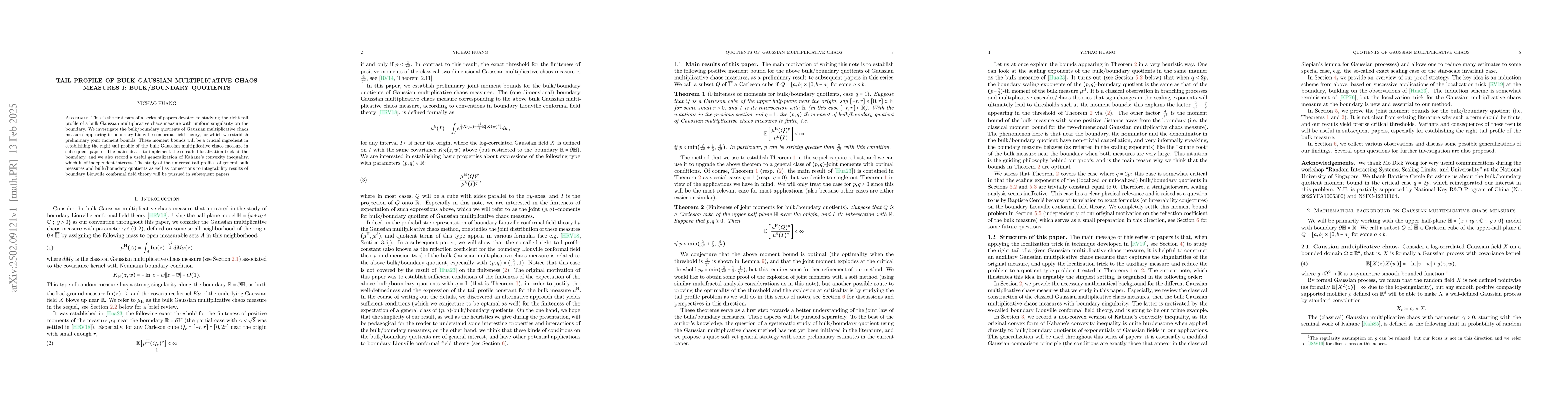 Thumbnail for Tail Profile of Bulk Gaussian Multiplicative Chaos Measures I:
  Bulk/Boundary Quotients