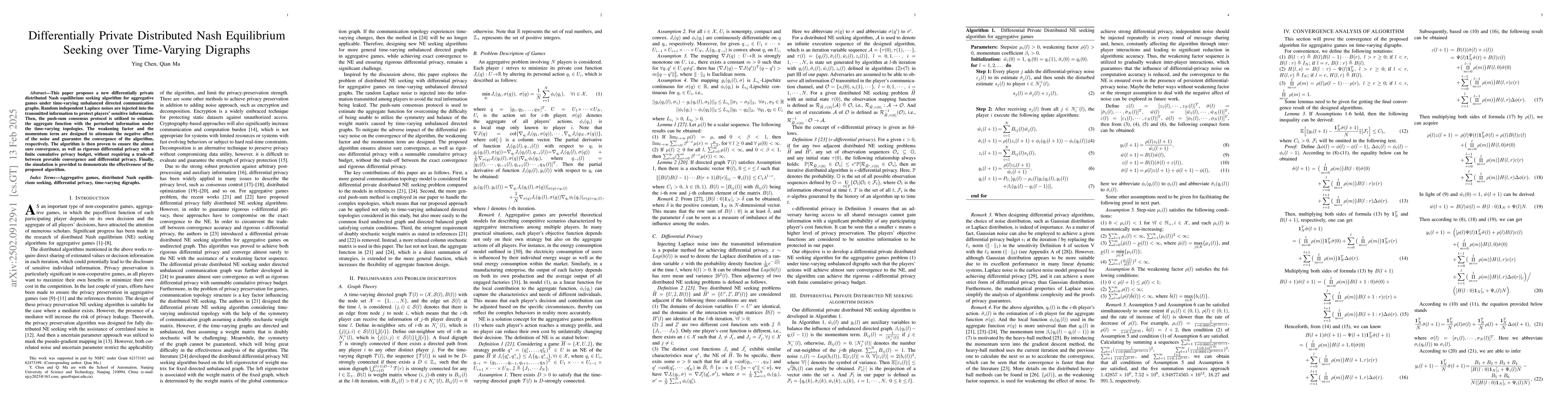 Thumbnail for Differentially Private Distributed Nash Equilibrium Seeking over
  Time-Varying Digraphs