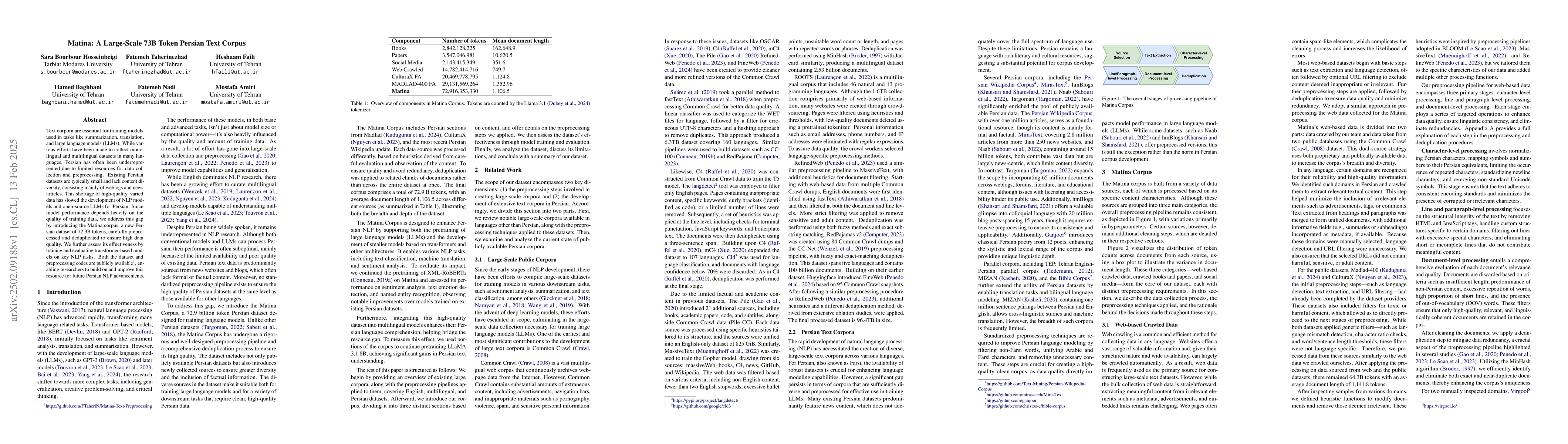 Thumbnail for Matina: A Large-Scale 73B Token Persian Text Corpus