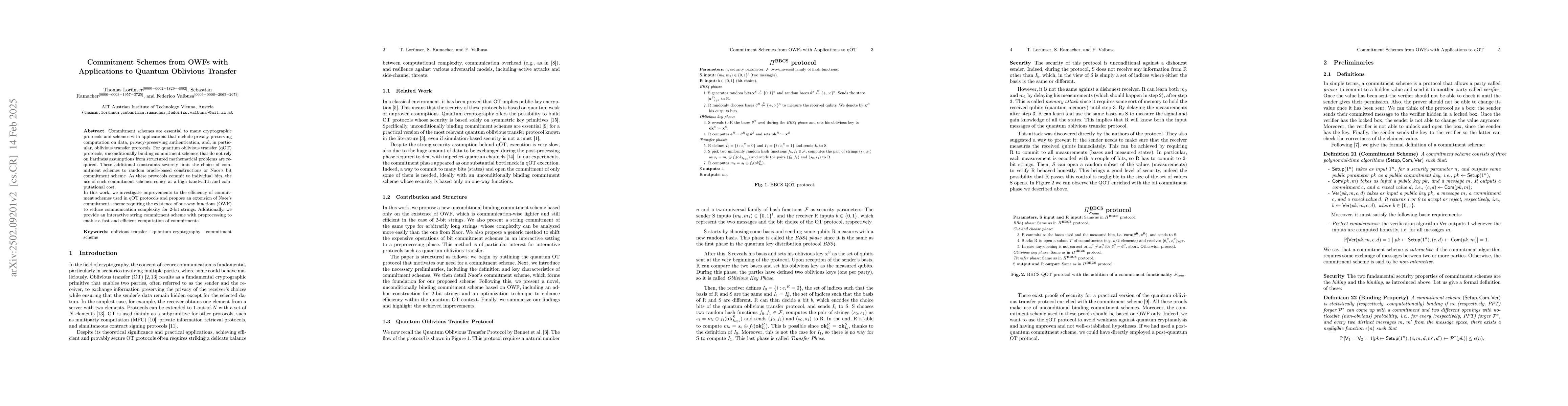 Thumbnail for Commitment Schemes from OWFs with Applications to Quantum Oblivious
  Transfer