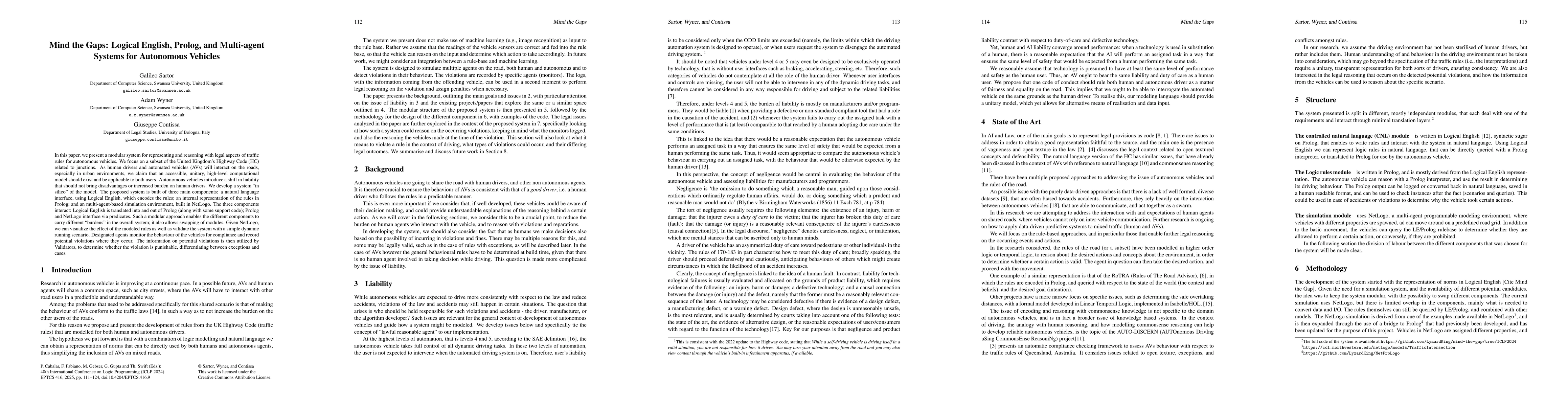 Thumbnail for Mind the Gaps: Logical English, Prolog, and Multi-agent Systems for
  Autonomous Vehicles