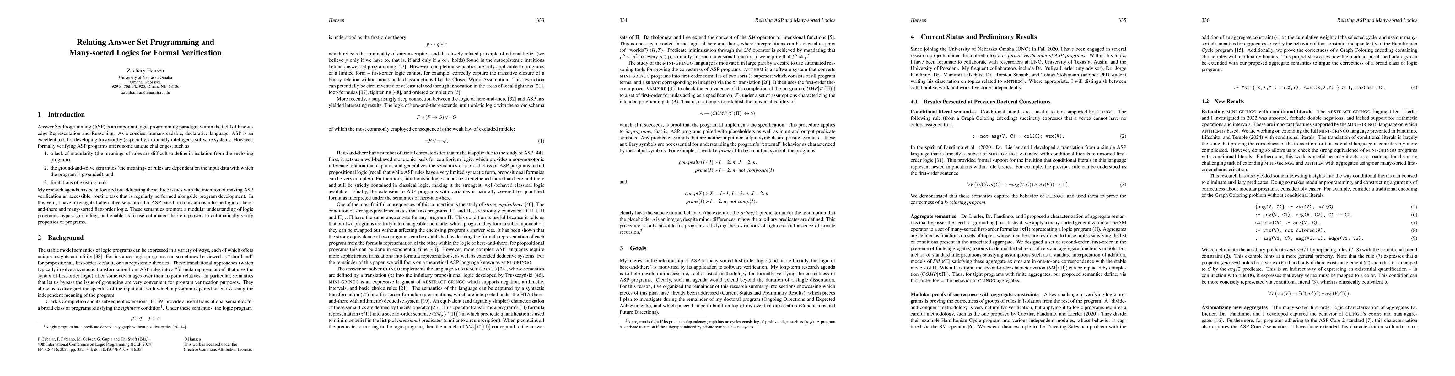 Thumbnail for Relating Answer Set Programming and Many-sorted Logics for Formal
  Verification