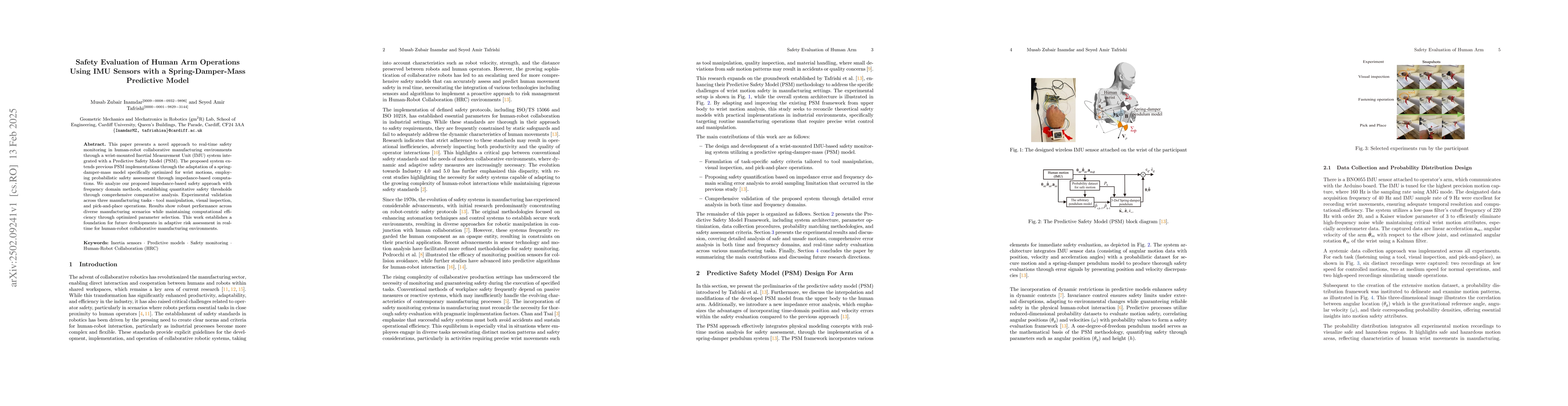 Thumbnail for Safety Evaluation of Human Arm Operations Using IMU Sensors with a
  Spring-Damper-Mass Predictive Model