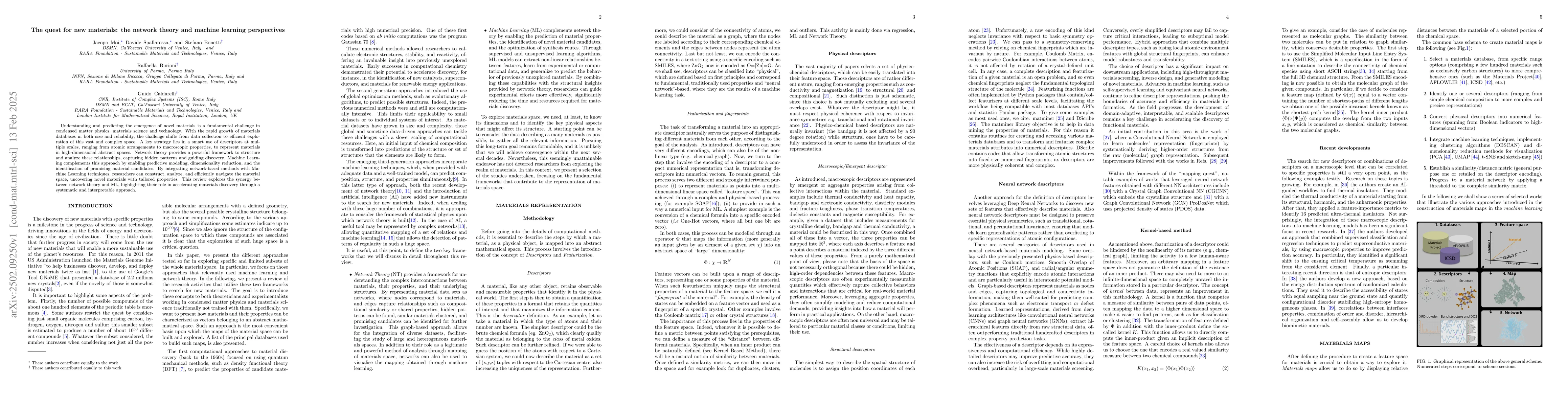 Thumbnail for The quest for new materials: the network theory and machine learning
  perspectives