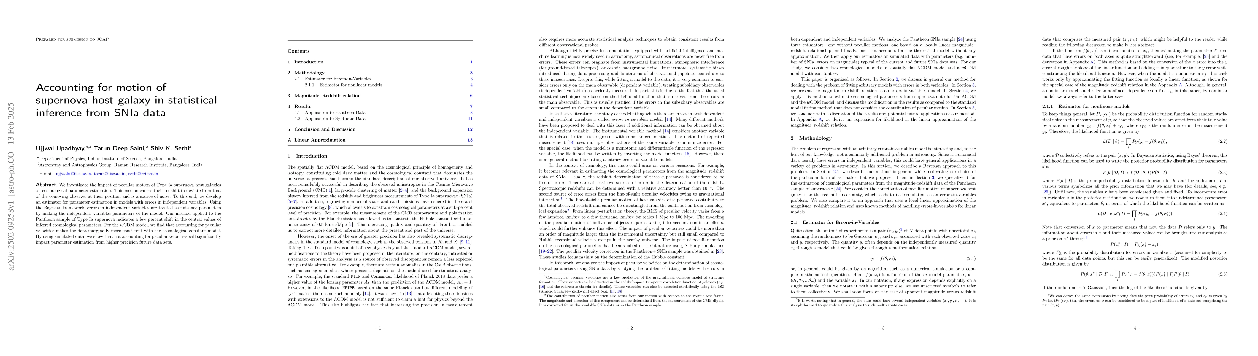 Thumbnail for Accounting for motion of supernova host galaxy in statistical inference
  from SNIa data