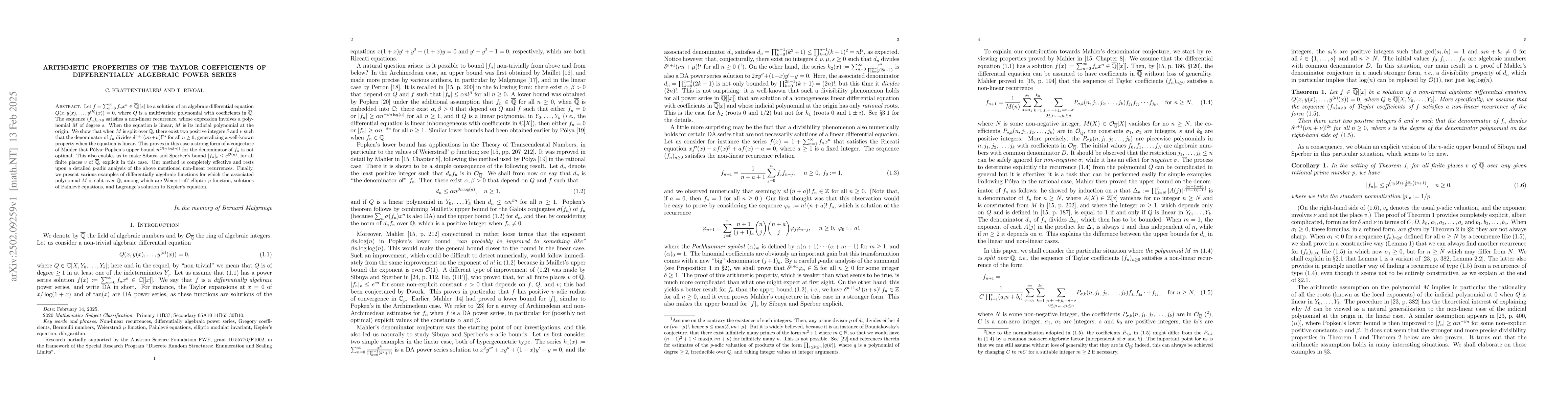Thumbnail for Arithmetic properties of the Taylor coefficients of differentially
  algebraic power series