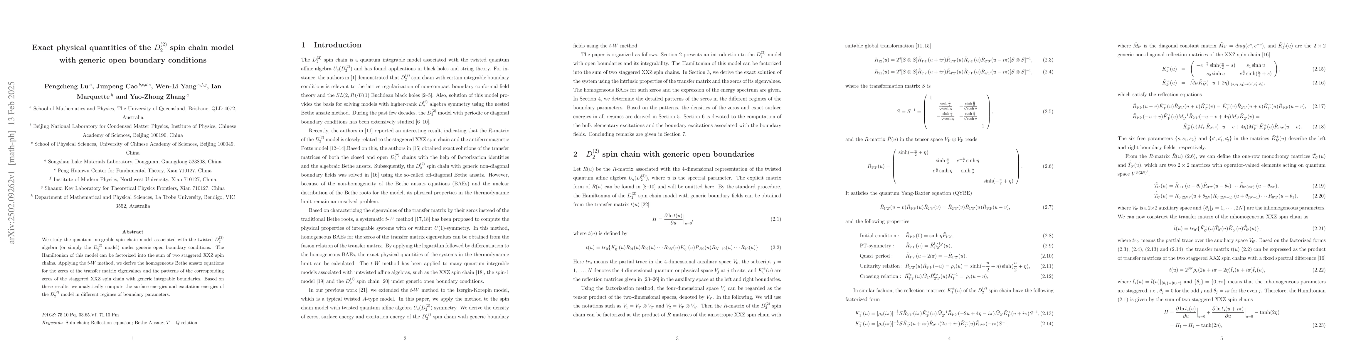Thumbnail for Exact physical quantities of the $D_2^{(2)}$ spin chain model with
  generic open boundary conditions