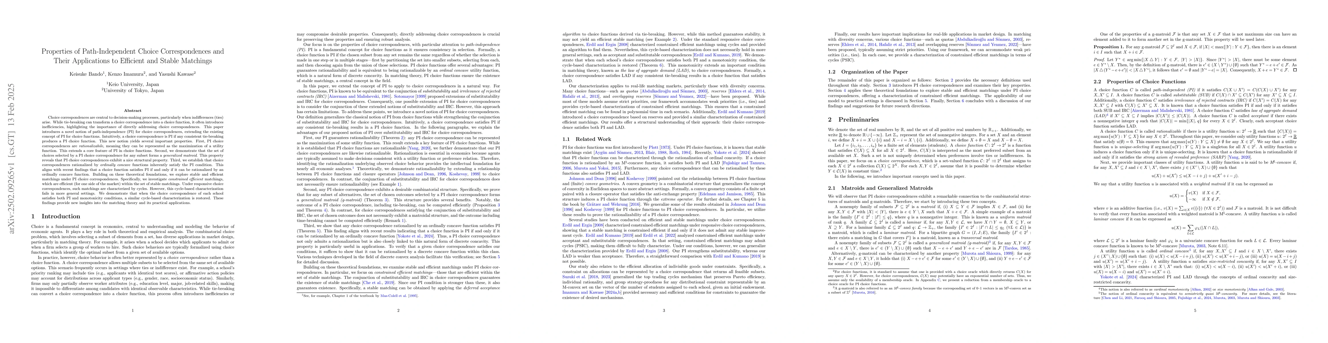 Thumbnail for Properties of Path-Independent Choice Correspondences and Their
  Applications to Efficient and Stable Matchings