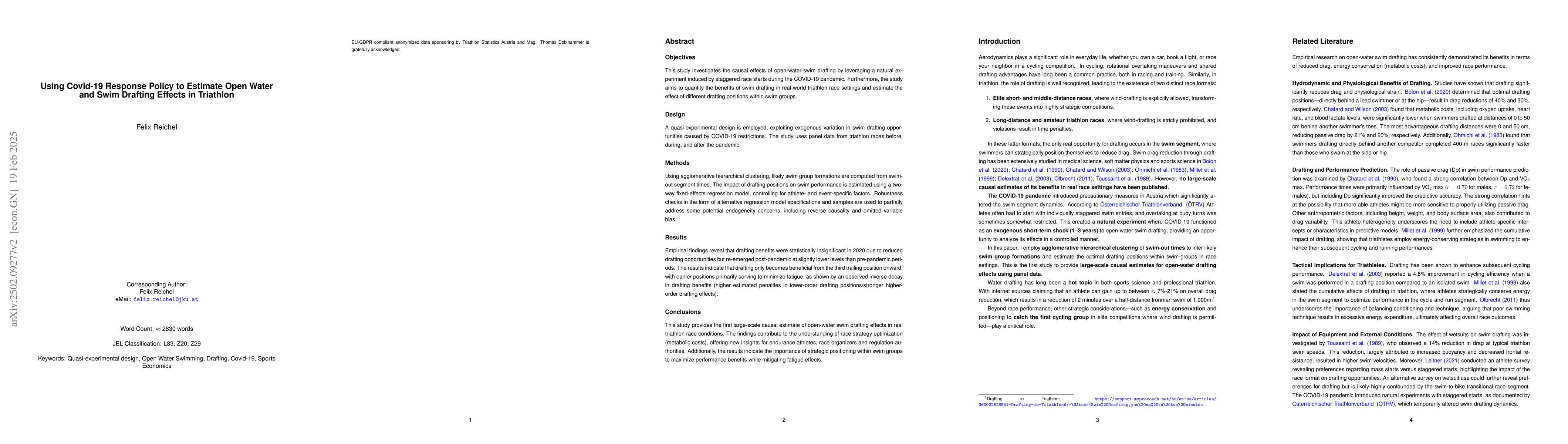 Thumbnail for Using Covid-19 Response Policy to Estimate Open Water Swim Drafting
  Effects in Triathlon
