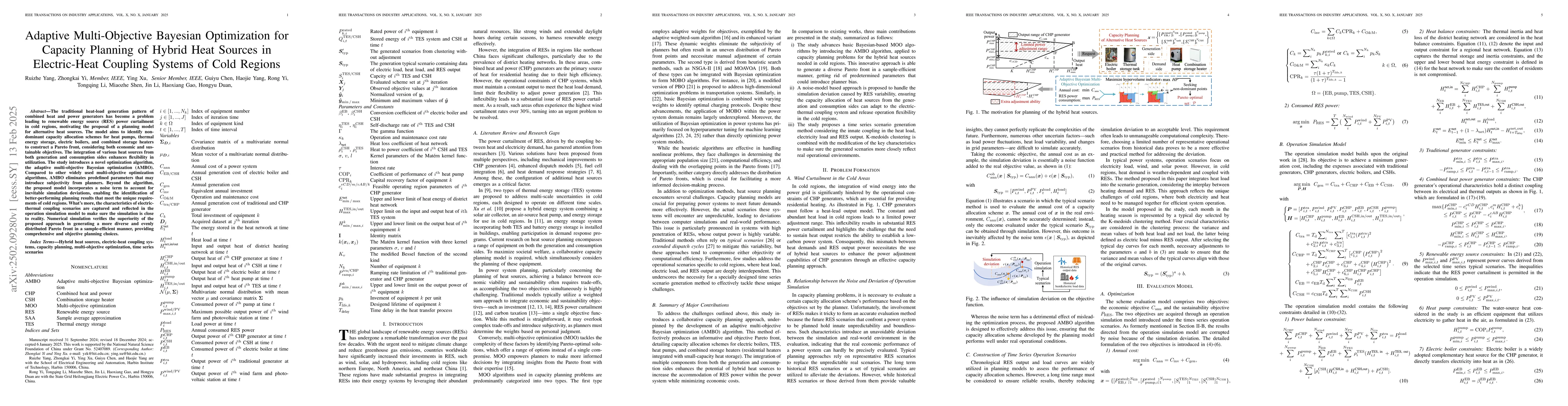 Thumbnail for Adaptive Multi-Objective Bayesian Optimization for Capacity Planning of
  Hybrid Heat Sources in Electric-Heat Coupling Systems of Cold Regions