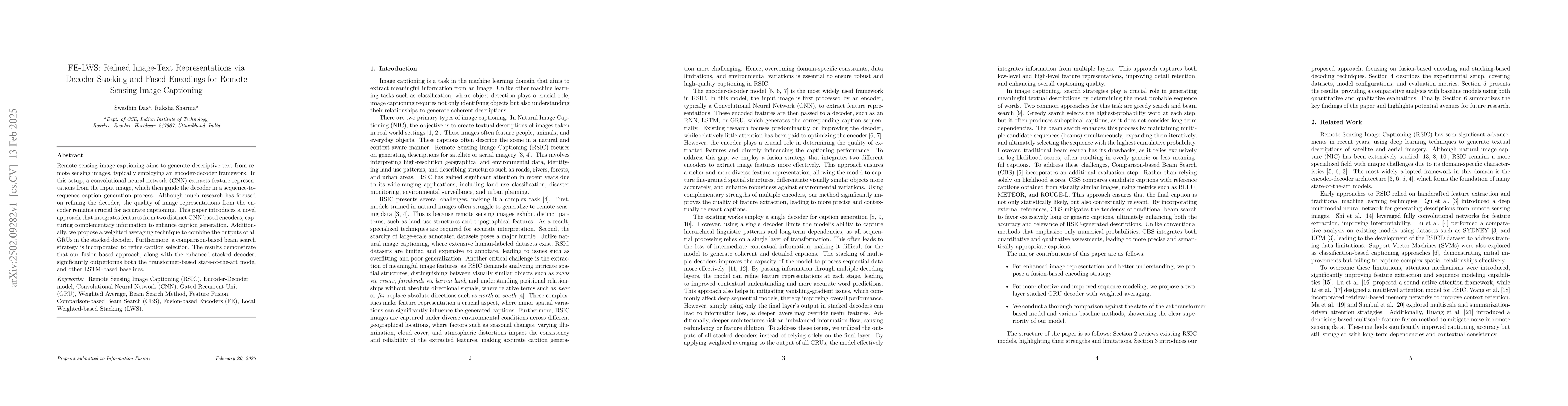 Thumbnail for FE-LWS: Refined Image-Text Representations via Decoder Stacking and
  Fused Encodings for Remote Sensing Image Captioning