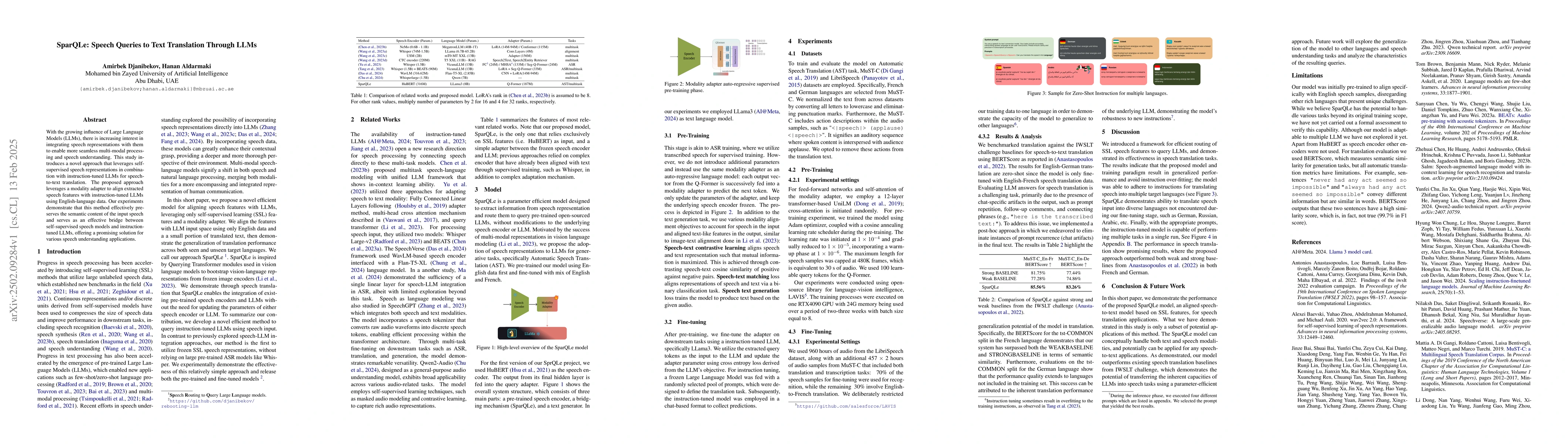 Thumbnail for SparQLe: Speech Queries to Text Translation Through LLMs