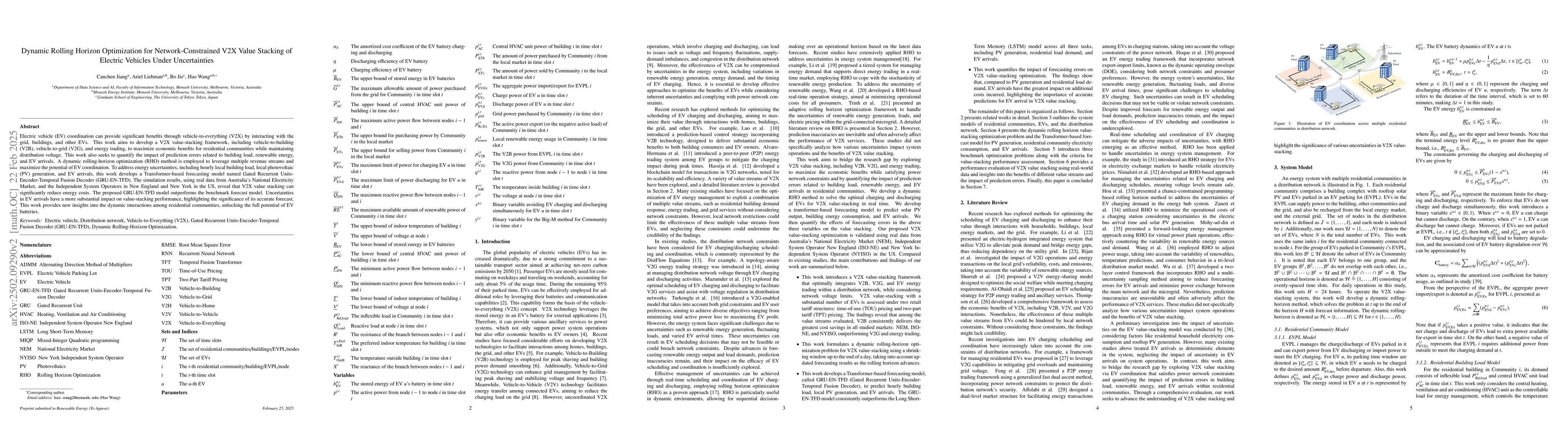Thumbnail for Dynamic Rolling Horizon Optimization for Network-Constrained V2X Value
  Stacking of Electric Vehicles Under Uncertainties