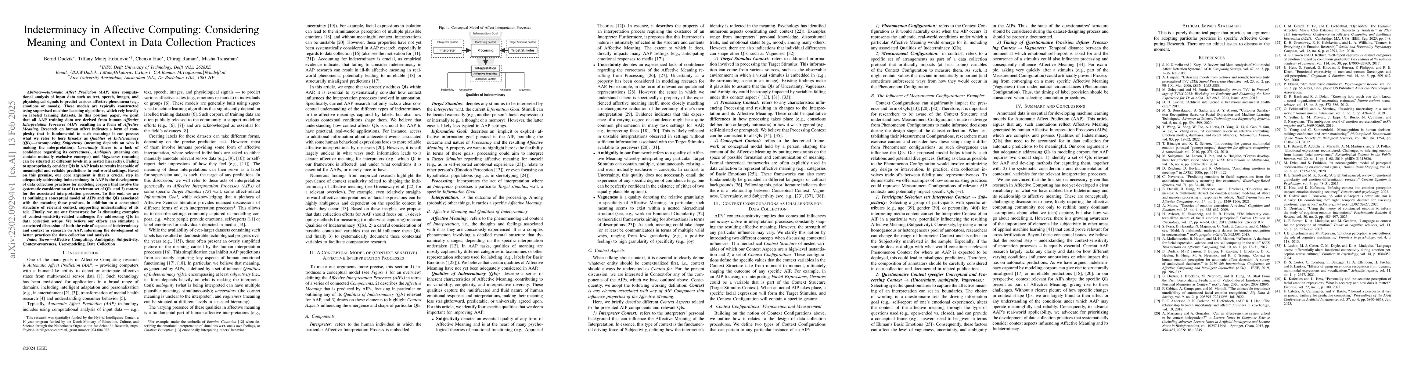 Thumbnail for Indeterminacy in Affective Computing: Considering Meaning and Context in
  Data Collection Practices