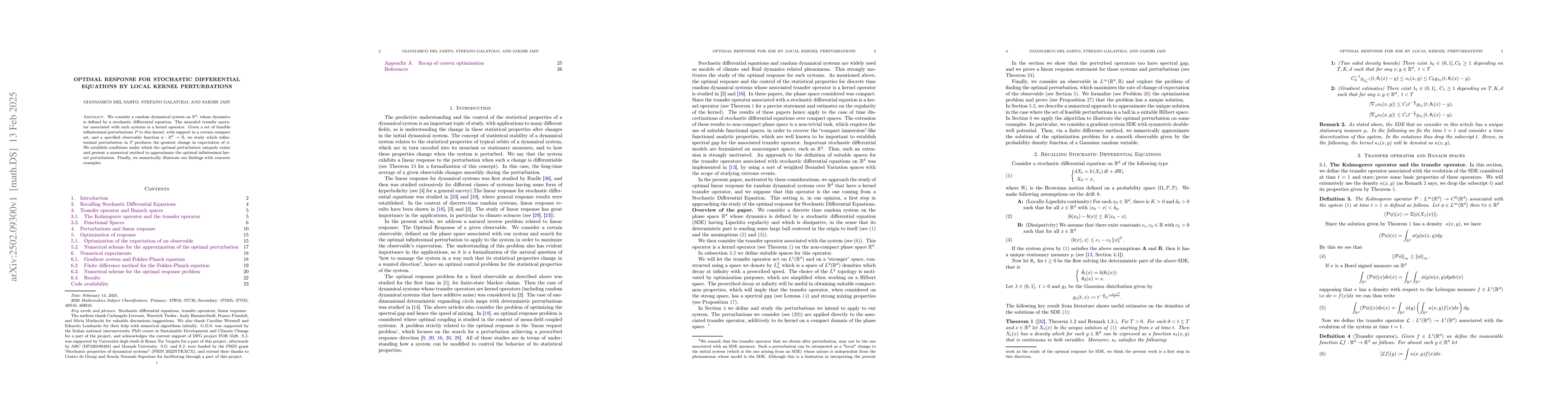 Thumbnail for Optimal response for stochastic differential equations by local kernel
  perturbations