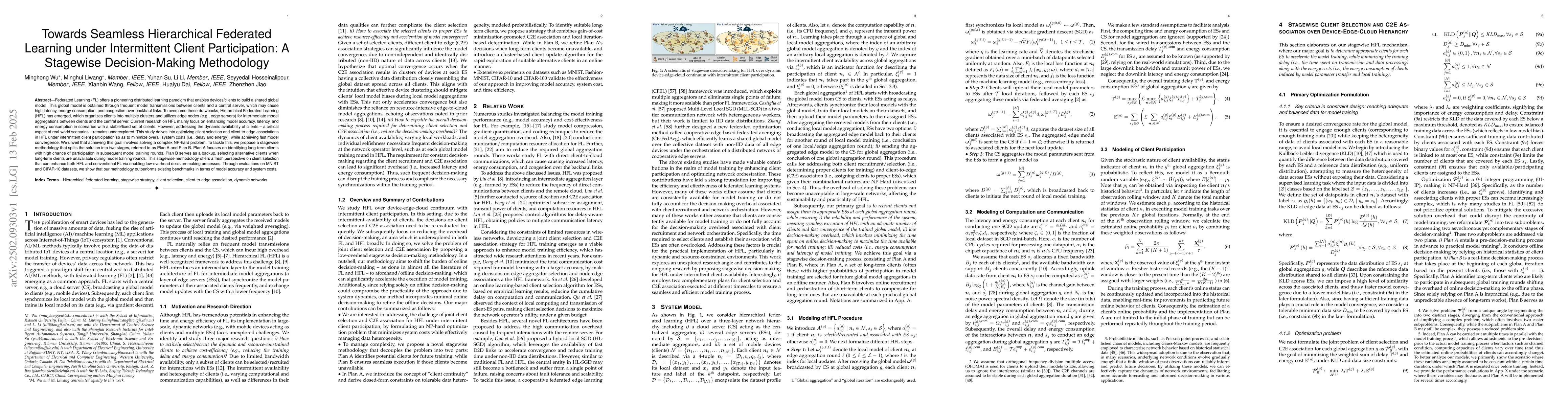 Thumbnail for Towards Seamless Hierarchical Federated Learning under Intermittent
  Client Participation: A Stagewise Decision-Making Methodology