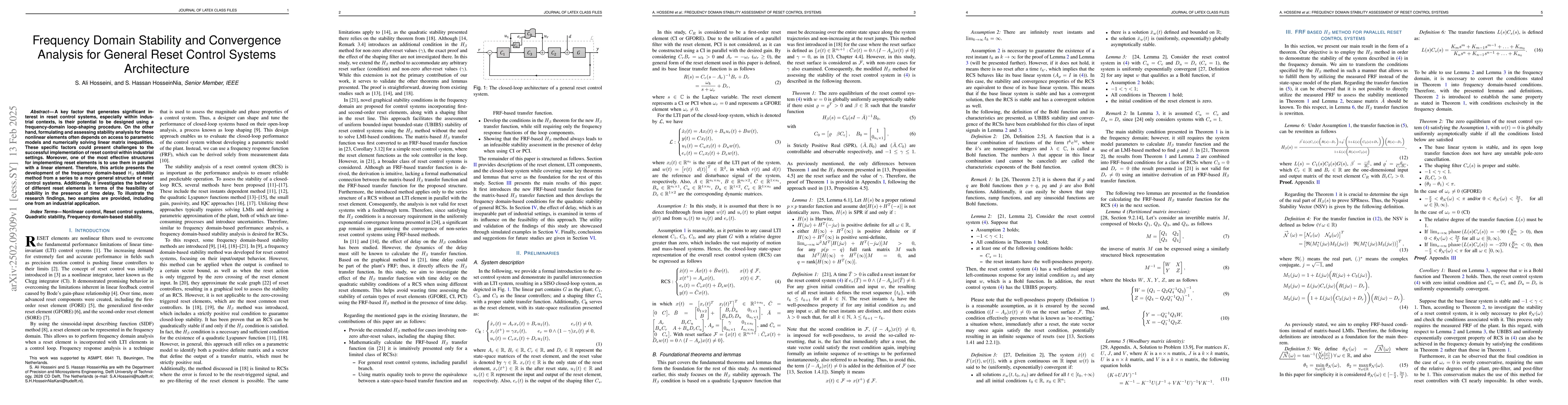 Thumbnail for Frequency Domain Stability and Convergence Analysis for General Reset
  Control Systems Architecture