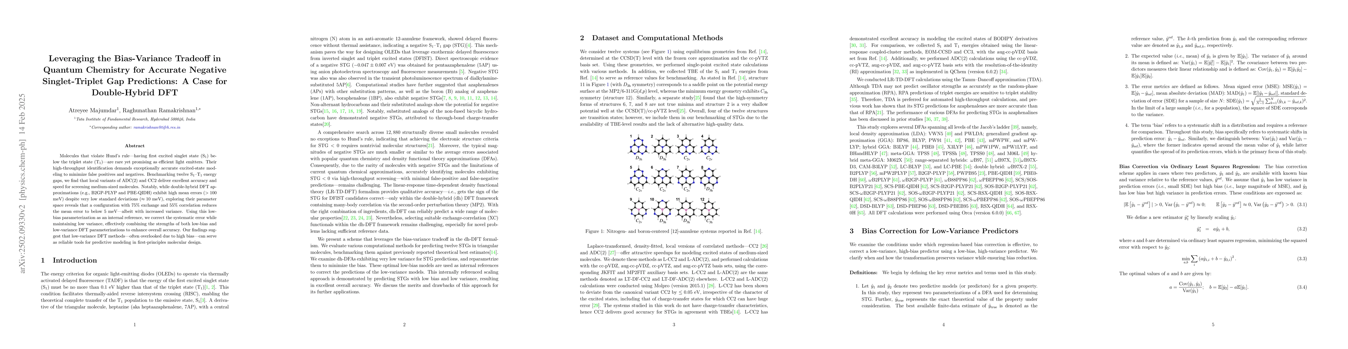 Thumbnail for Leveraging the Bias-Variance Tradeoff in Quantum Chemistry for Accurate
  Negative Singlet-Triplet Gap Predictions: A Case for Double-Hybrid DFT
