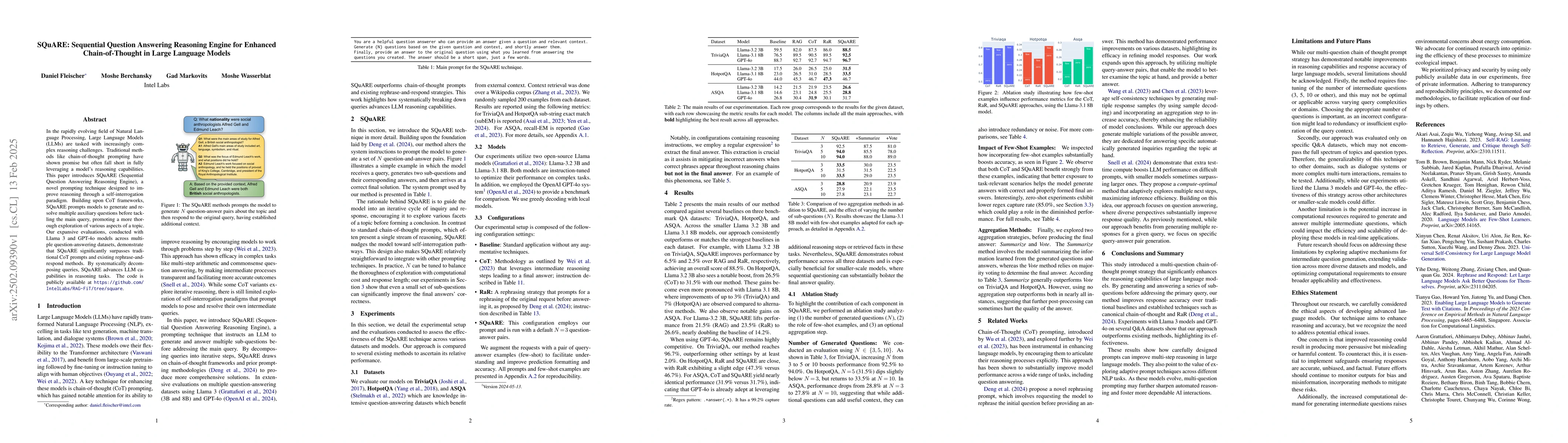 Thumbnail for SQuARE: Sequential Question Answering Reasoning Engine for Enhanced
  Chain-of-Thought in Large Language Models