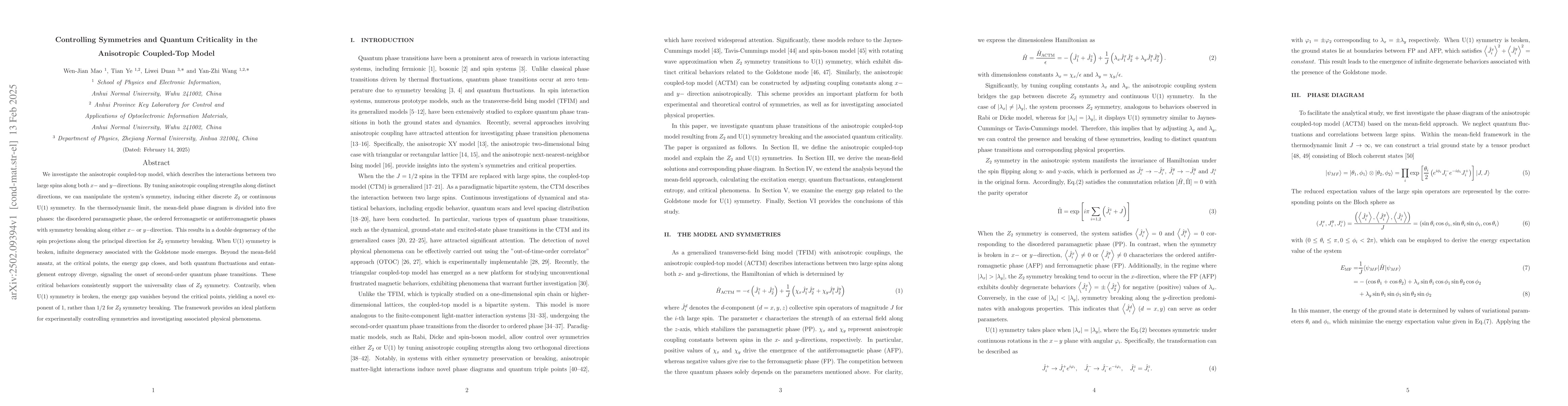 Thumbnail for Controlling Symmetries and Quantum Criticality in the Anisotropic
  Coupled-Top Model