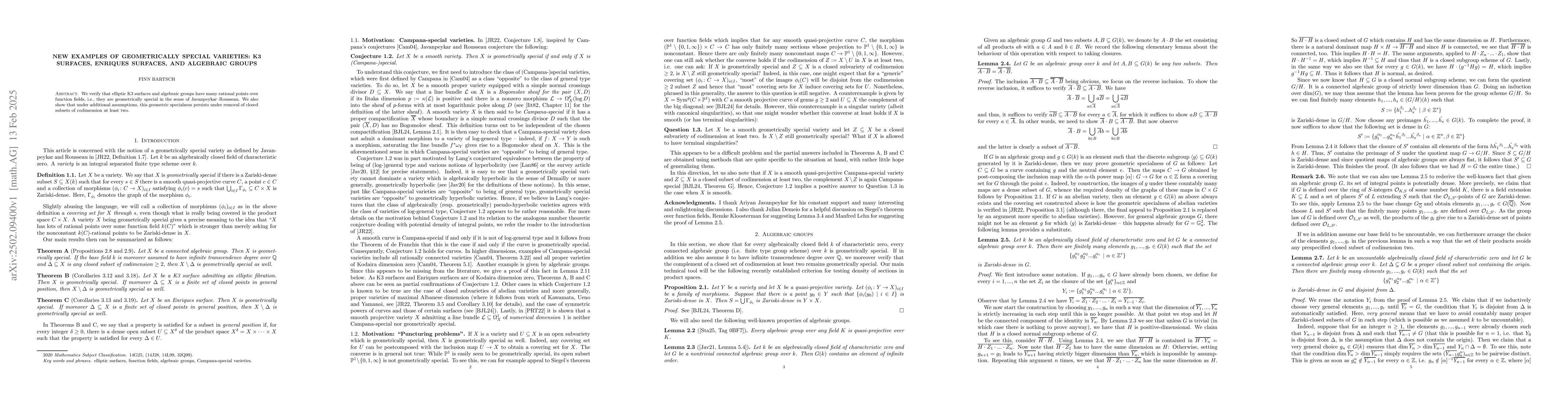 Thumbnail for New examples of geometrically special varieties: K3 surfaces, Enriques
  surfaces, and algebraic groups