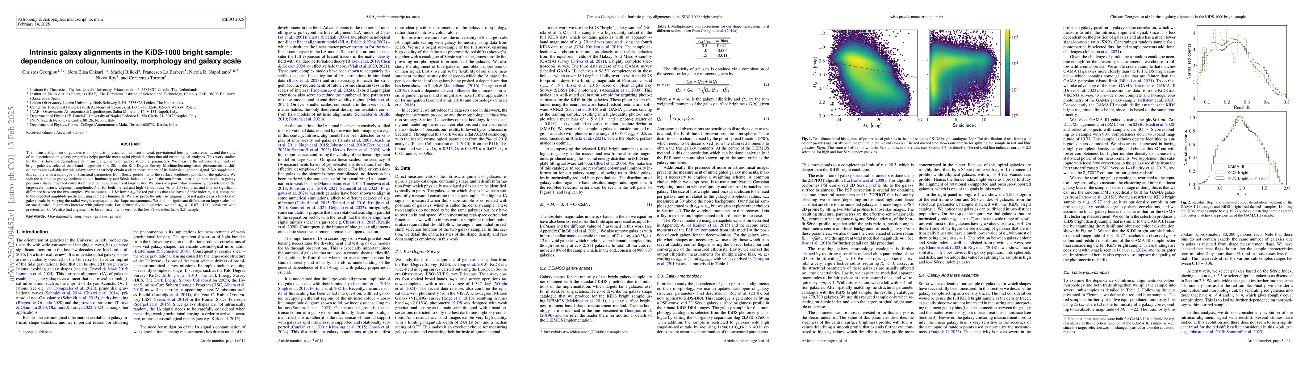 Thumbnail for Intrinsic galaxy alignments in the KiDS-1000 bright sample: dependence
  on colour, luminosity, morphology and galaxy scale