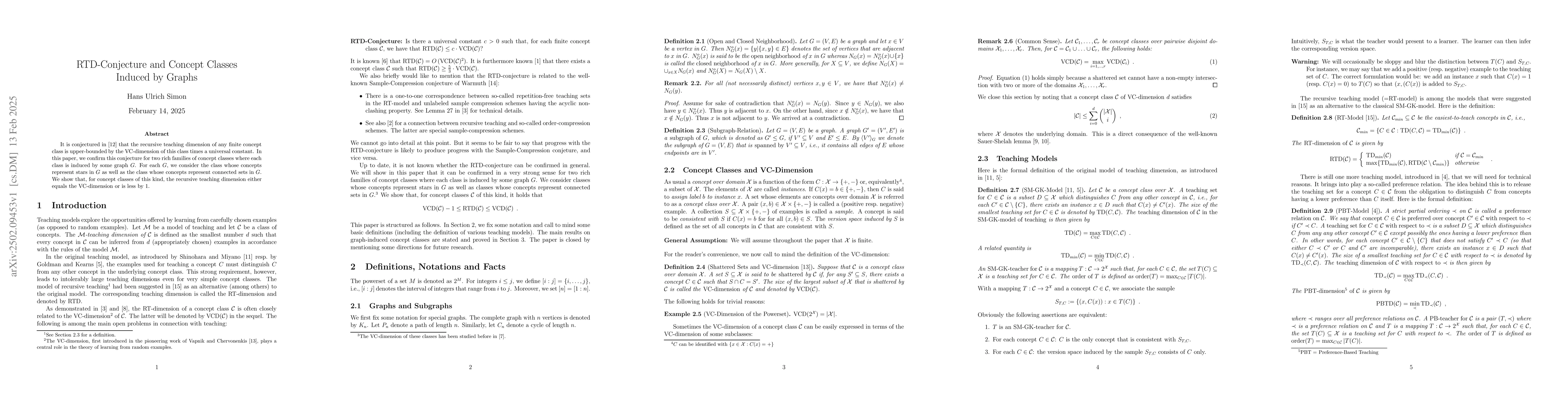 Thumbnail for RTD-Conjecture and Concept Classes Induced by Graphs