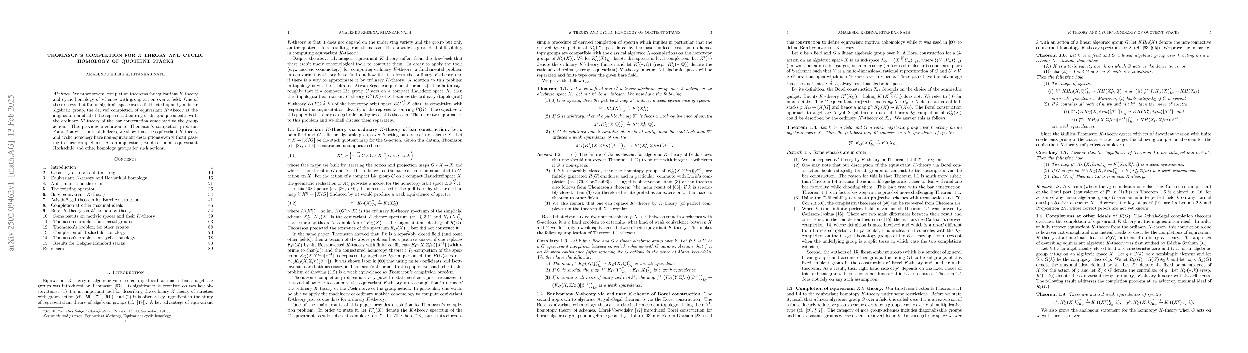 Thumbnail for Thomason's completion for K-theory and cyclic homology of quotient
  stacks