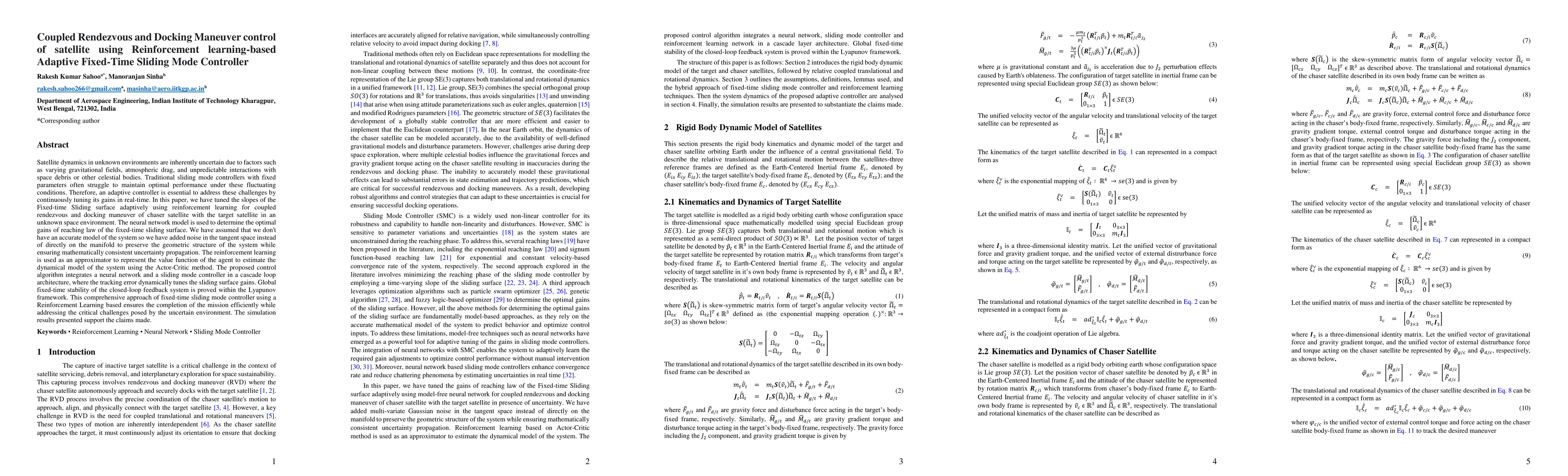 Thumbnail for Coupled Rendezvous and Docking Maneuver control of satellite using
  Reinforcement learning-based Adaptive Fixed-Time Sliding Mode Controller