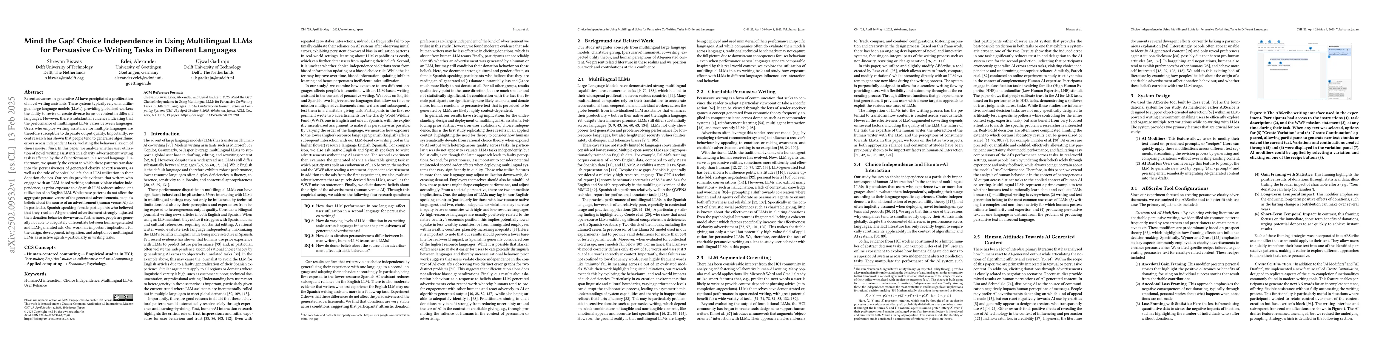 Thumbnail for Mind the Gap! Choice Independence in Using Multilingual LLMs for
  Persuasive Co-Writing Tasks in Different Languages