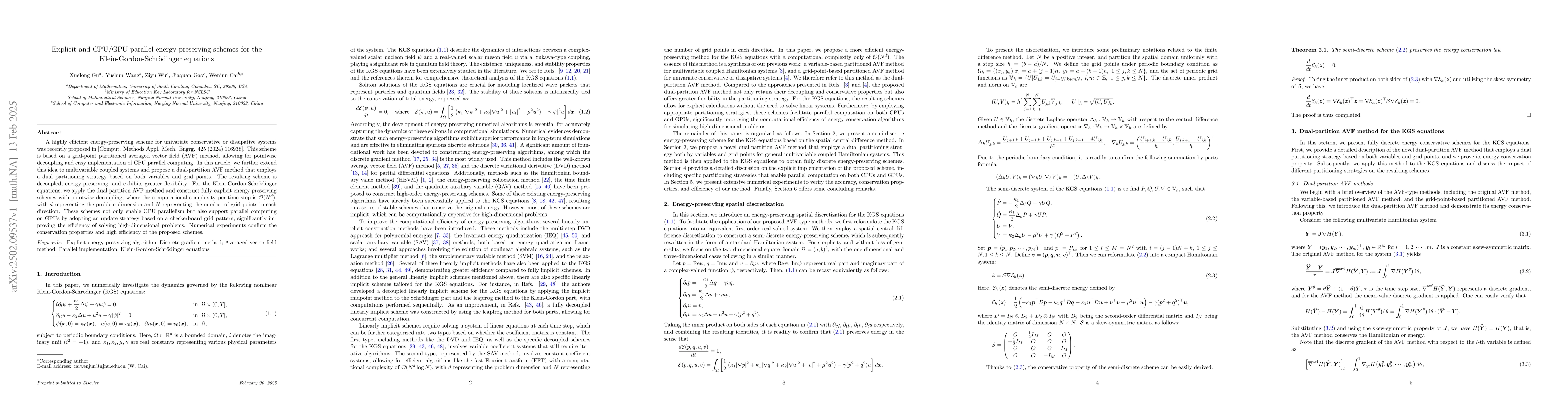 Thumbnail for Explicit and CPU/GPU parallel energy-preserving schemes for the
  Klein-Gordon-Schrödinger equations