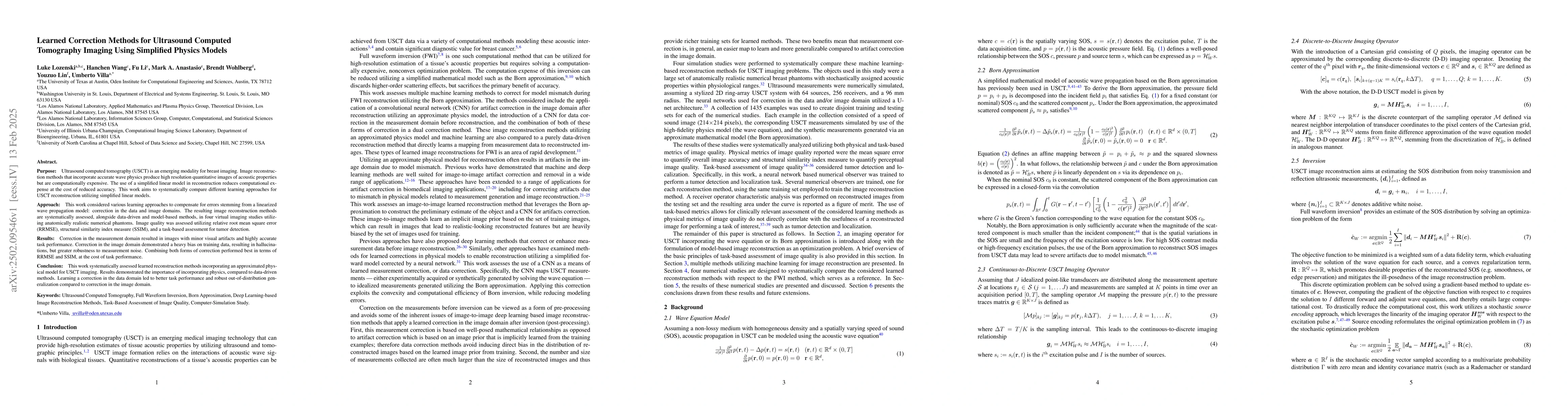 Thumbnail for Learned Correction Methods for Ultrasound Computed Tomography Imaging
  Using Simplified Physics Models