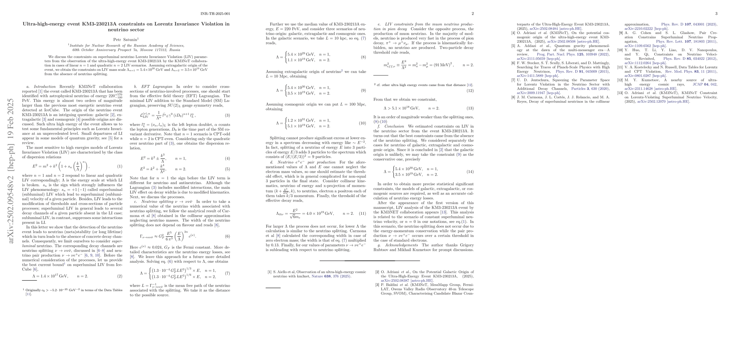 Thumbnail for Ultra-high-energy event KM3-230213A constraints on Lorentz Invariance
  Violation in neutrino sector