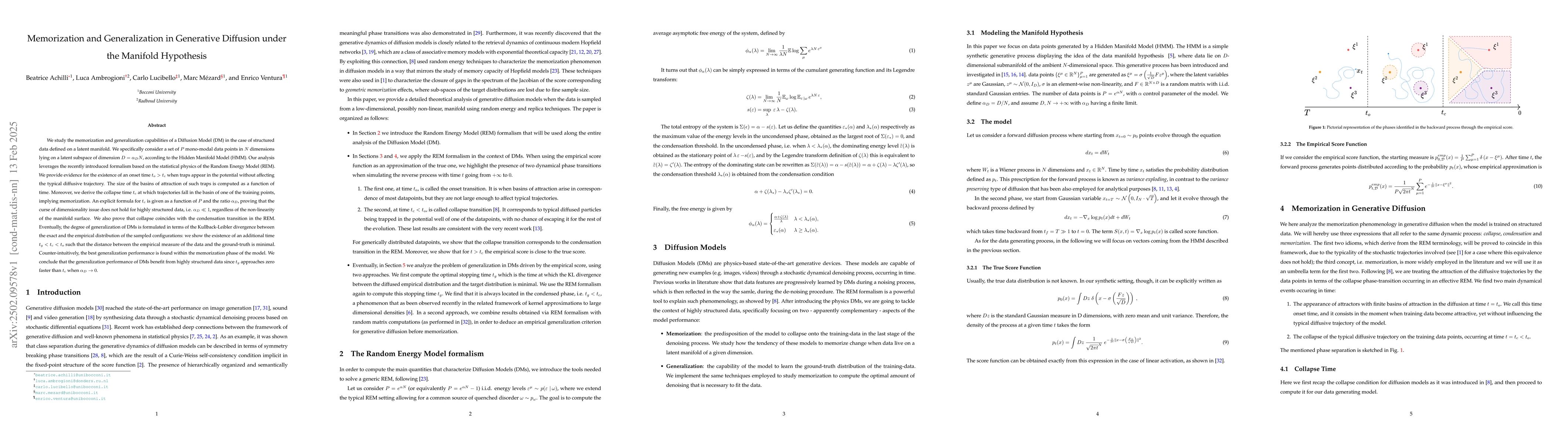 Thumbnail for Memorization and Generalization in Generative Diffusion under the
  Manifold Hypothesis