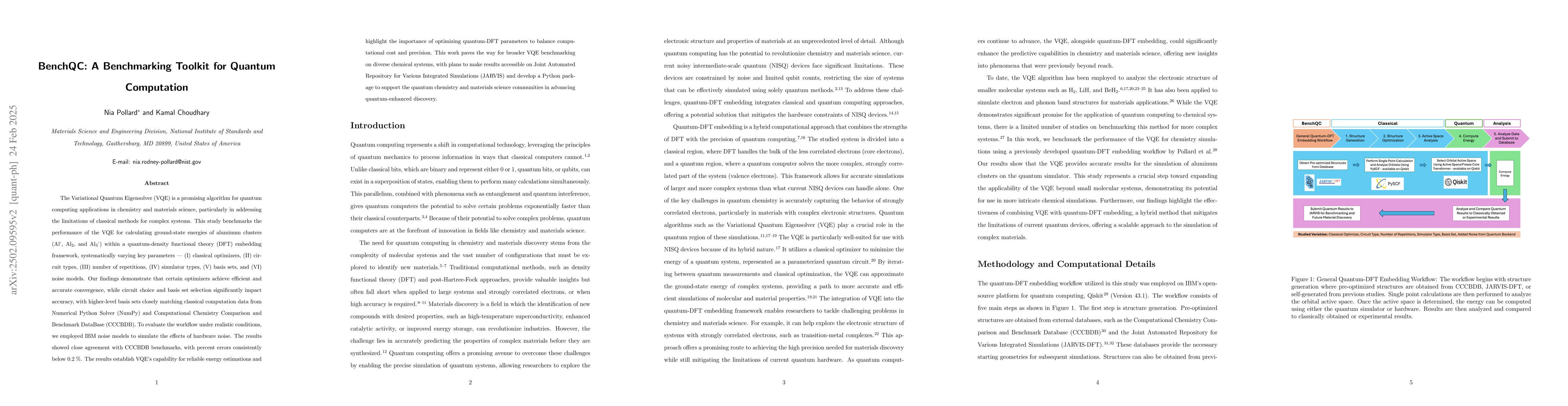 Thumbnail for BenchQC: A Benchmarking Toolkit for Quantum Computation