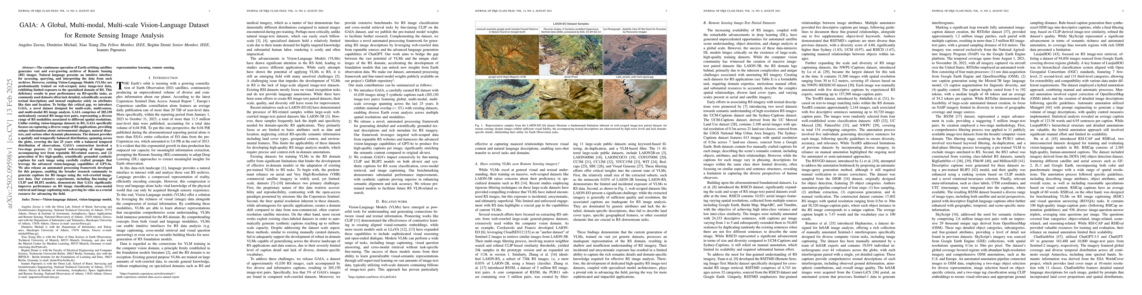 Thumbnail for GAIA: A Global, Multi-modal, Multi-scale Vision-Language Dataset for
  Remote Sensing Image Analysis