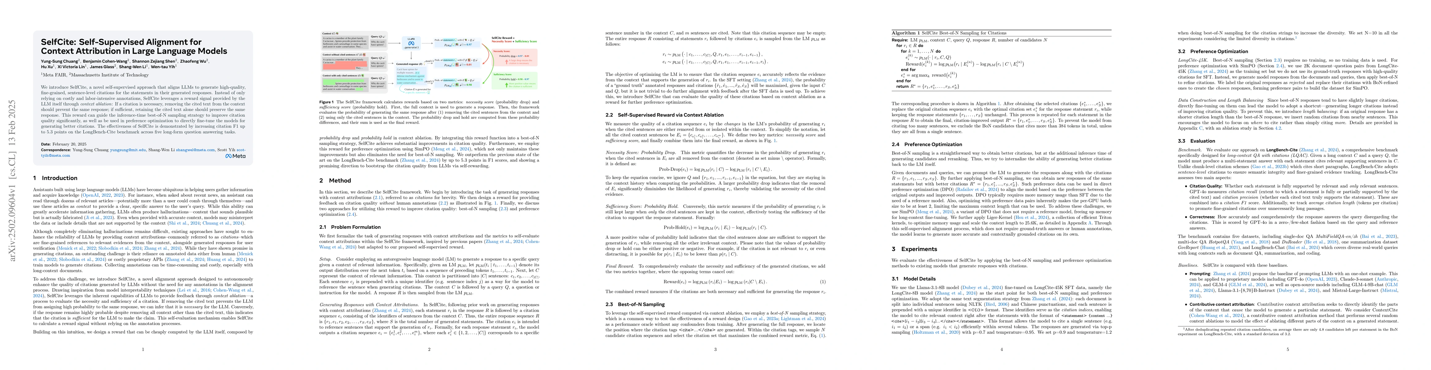 Thumbnail for SelfCite: Self-Supervised Alignment for Context Attribution in Large
  Language Models