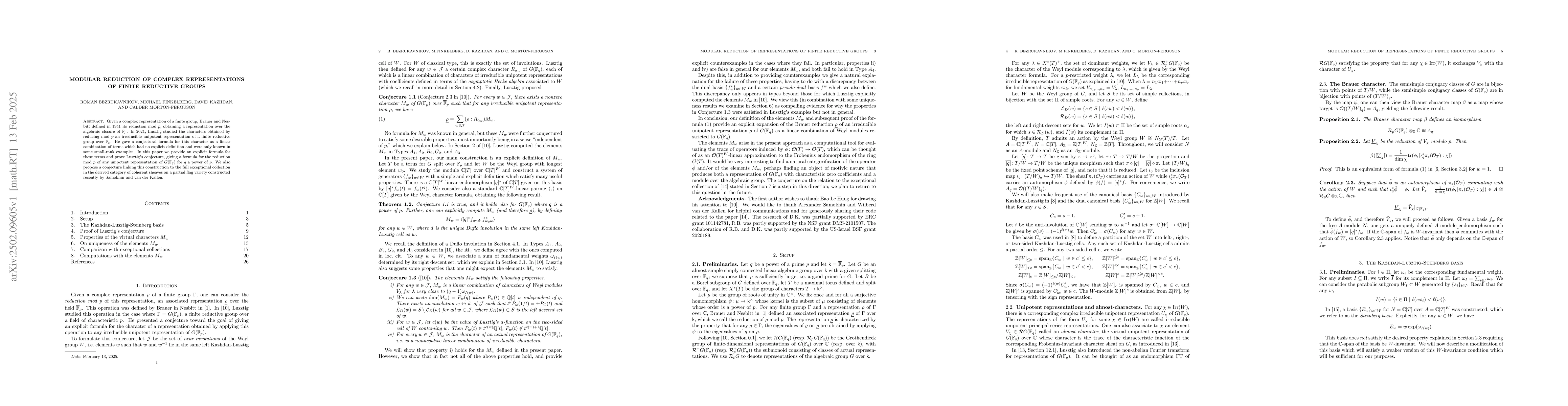 Thumbnail for Modular reduction of complex representations of finite reductive groups