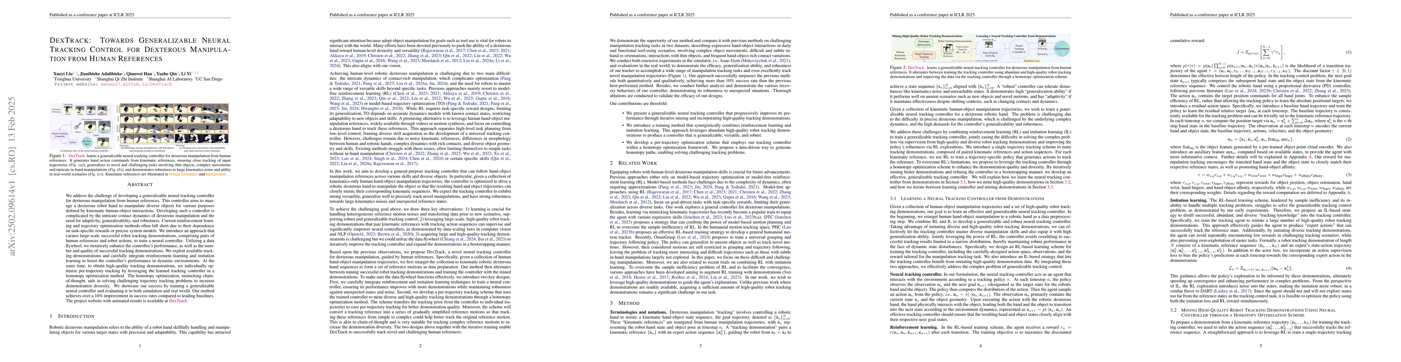 Thumbnail for DexTrack: Towards Generalizable Neural Tracking Control for Dexterous
  Manipulation from Human References