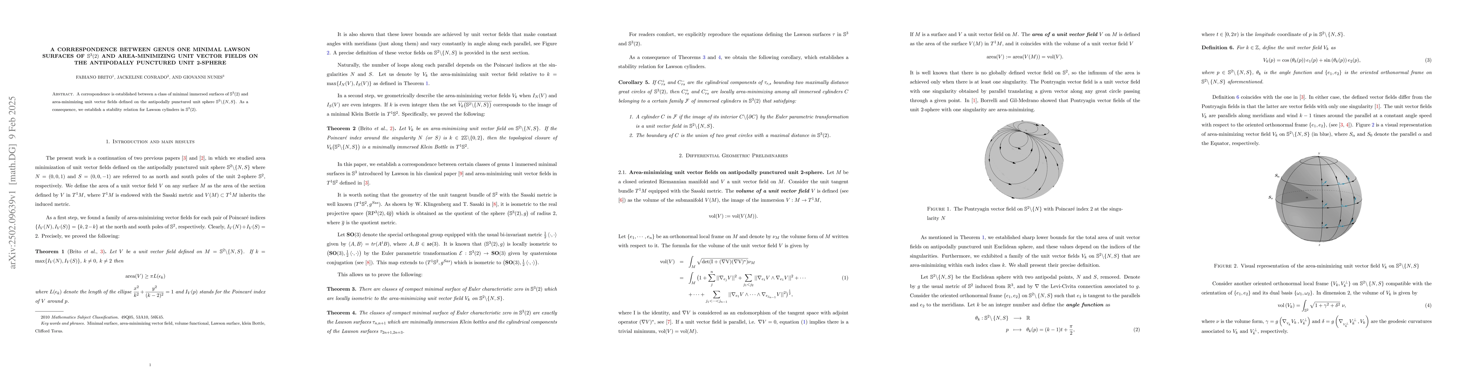 Thumbnail for A correspondence between genus one minimal Lawson surfaces of
  $\mathbb{S}^3(2)$ and area-minimizing unit vector fields on the antipodally
  punctured unit 2-sphere