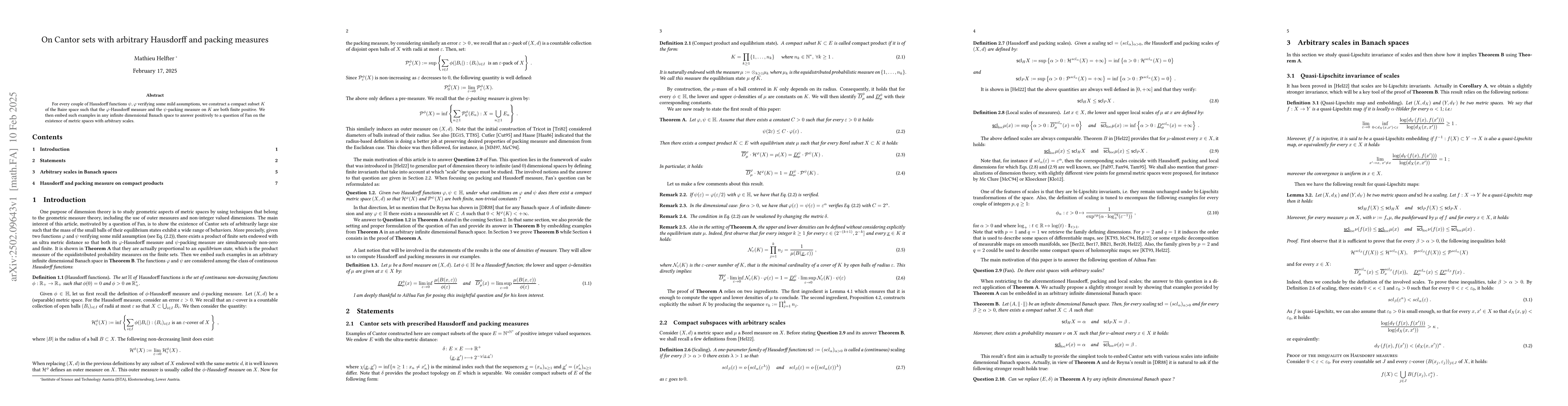 Thumbnail for On Cantor sets with arbitrary Hausdorff and packing measures