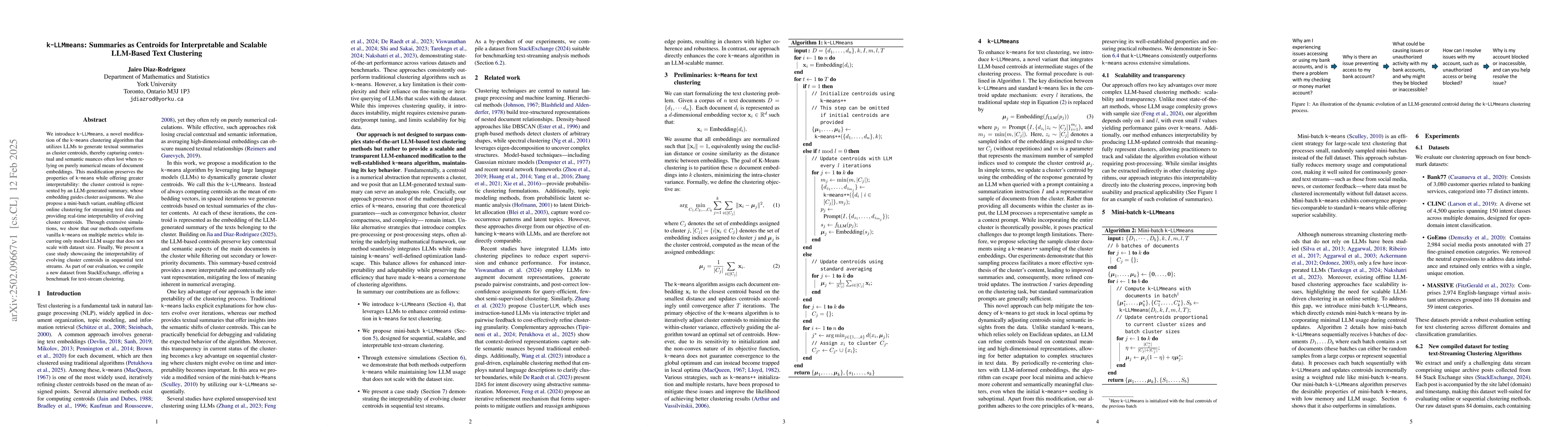 Thumbnail for k-LLMmeans: Summaries as Centroids for Interpretable and Scalable
  LLM-Based Text Clustering