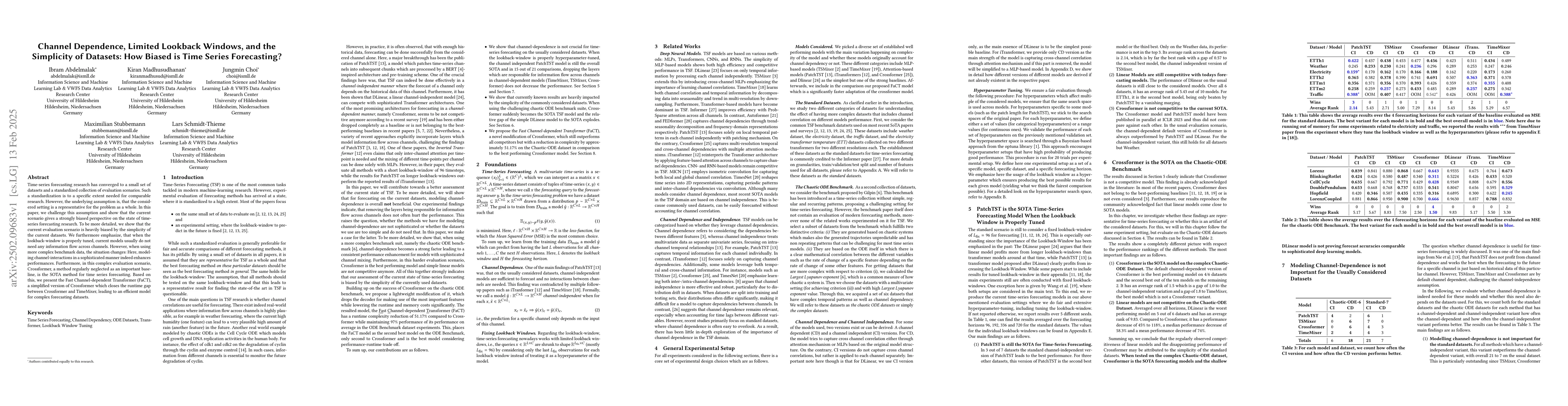 Thumbnail for Channel Dependence, Limited Lookback Windows, and the Simplicity of
  Datasets: How Biased is Time Series Forecasting?
