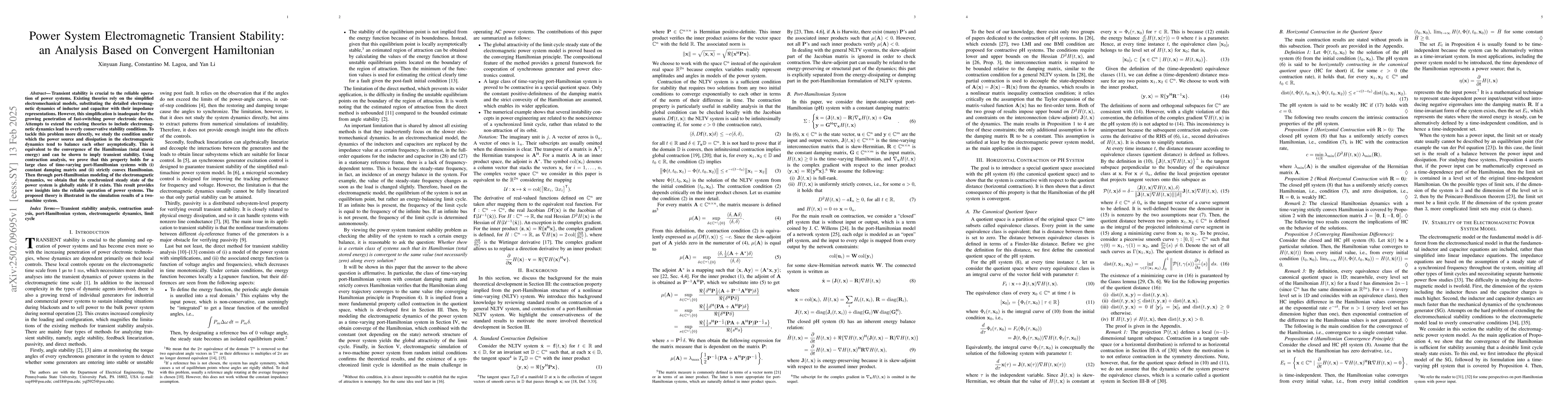 Thumbnail for Power System Electromagnetic Transient Stability: an Analysis Based on
  Convergent Hamiltonian