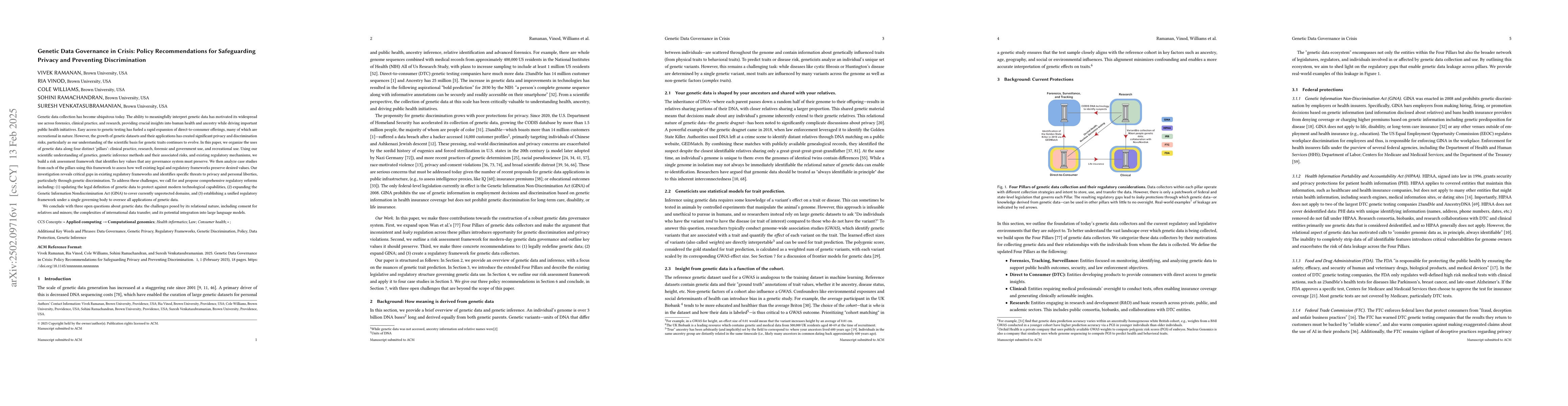 Thumbnail for Genetic Data Governance in Crisis: Policy Recommendations for
  Safeguarding Privacy and Preventing Discrimination