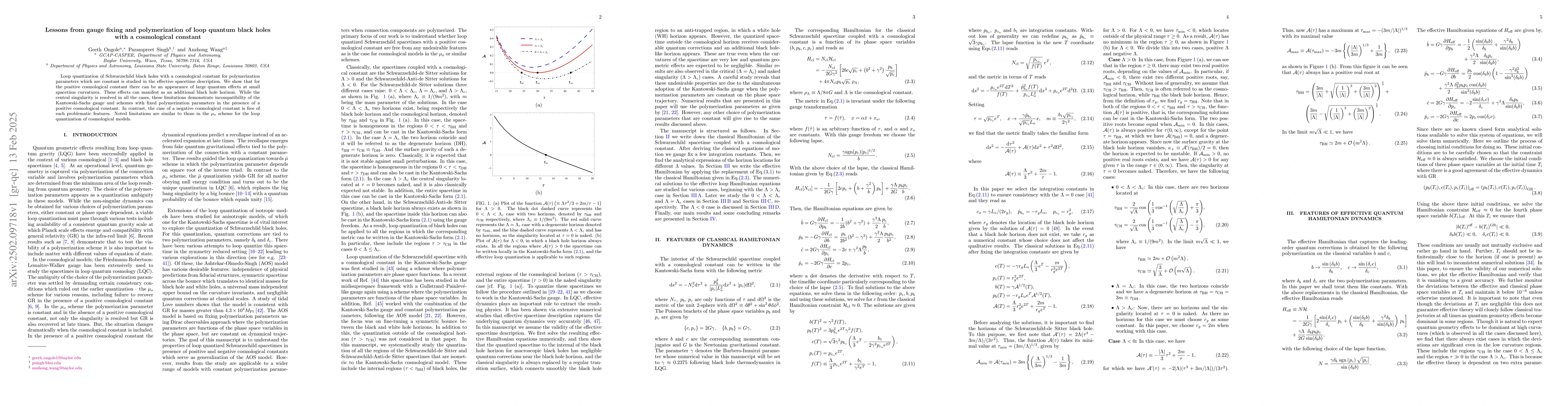 Thumbnail for Lessons from gauge fixing and polymerization of loop quantum black holes
  with a cosmological constant